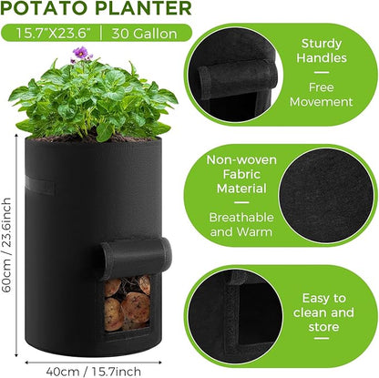 2 Pack 30 Gallon Potato Grow Bags with Harvest Window, Durable Garden Planter Bags with Handles for Potatoes, Tomatoes, and Vegetables - Indoor & Outdoor Gardening Supplies (Black)