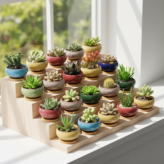 TOPZEA 16 Pack Mini Succulent Planter Pot, 2.5 Inch Ceramic Ice Crack Cactus Seed Starter Pots Micro Landscape Planter with Drainage Hole & Bamboo Tray for Moss Plant, Baby Succulent, Herb