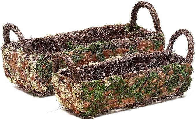 Efavormart Set of 2 | Preserved Moss Planter Box Flower Baskets with Handle - 13" & 15"
