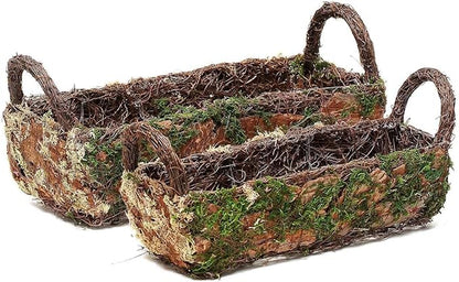 Efavormart Set of 2 | Preserved Moss Planter Box Flower Baskets with Handle - 13" & 15"