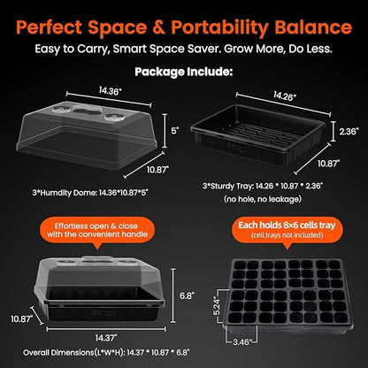SOLIGT [Thick Plastic] 3-Set Strong Seed Starter Trays with 5" Humidity Domes for Seed Starting, Germination, Seedling Propagation & Plant Growing, Holds 144 Cells in Total