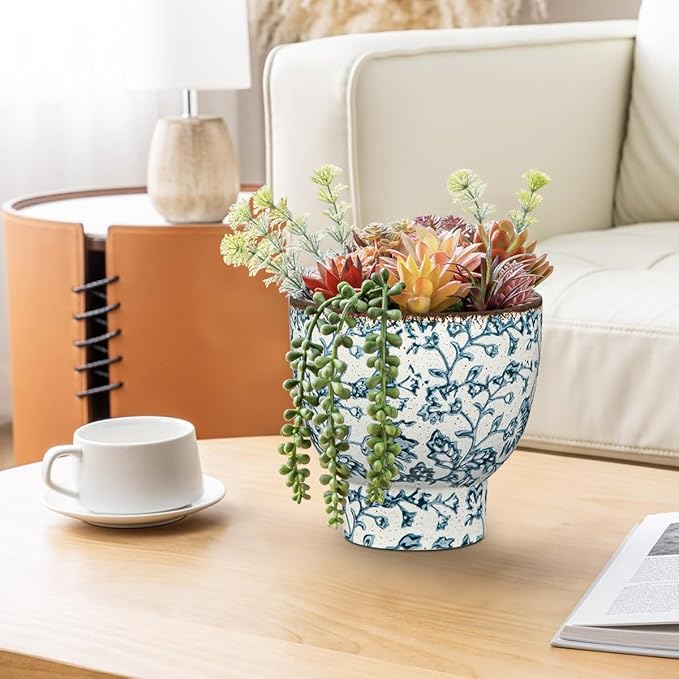 5.5 Inch Vintage Flower Pot, Blue and White Plant Pot Large Ceramic Planters for Indoor Plants Pots with Drainage Retro Planter Pots for Succulents Cactus Herb Snake Plants Outdoor Garden
