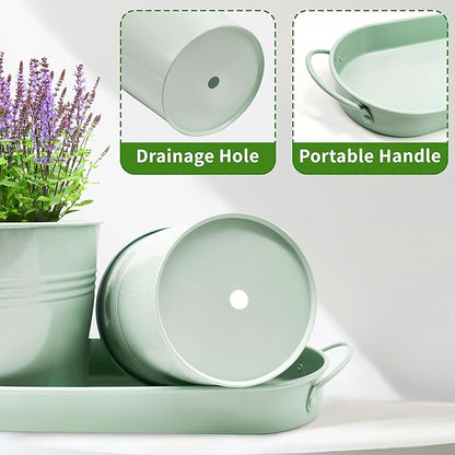 Metal Herb Garden Planter Set with Tray, 3-Pack Green Zinc-Coated Windowsill Plant Pots with Drainage Holes & Handles for Indoor Outdoor Kitchen Garden