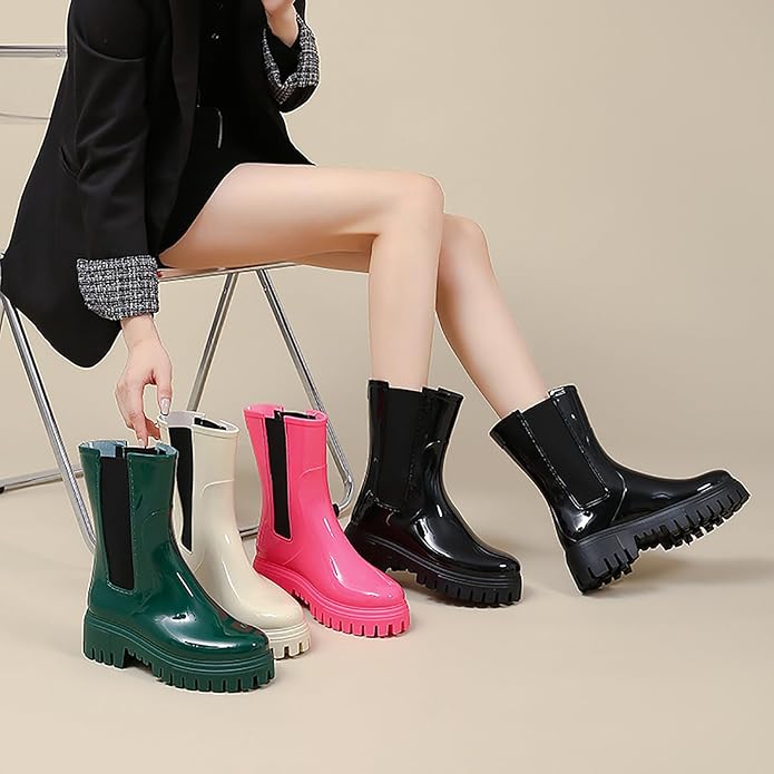 Women'S Waterproof Lug Sole Rain Boots Fashion Elastic Slip On Comfortable Platform Chunky Heel Chelsea Ankle Boots Casual Outdoor Non-Slip Rubber Garden Booties