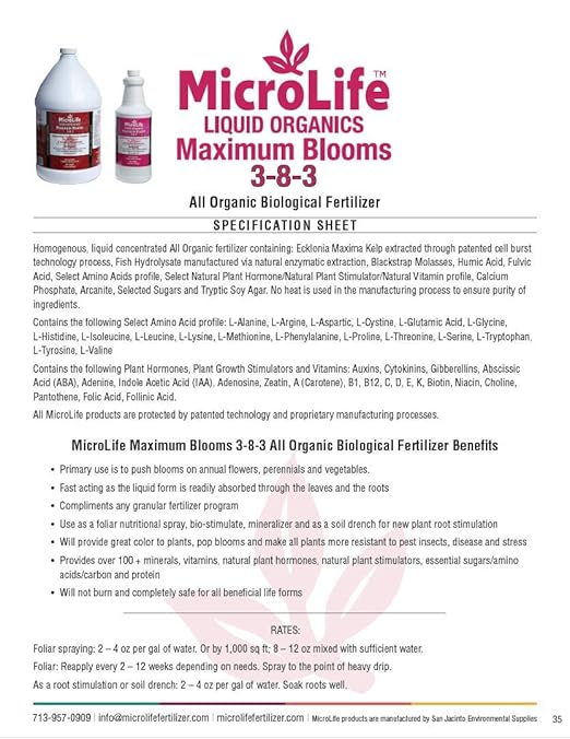 MicroLife Maximum Blooms (3-8-3) Professional Grade Organic Liquid Fertilizer Concentrate for All Flowers and Anything That Blooms, 1 Quart