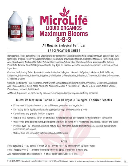 MicroLife Maximum Blooms (3-8-3) Professional Grade Organic Liquid Fertilizer Concentrate for All Flowers and Anything That Blooms, 1 Quart