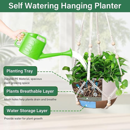 Hanging Planters for Indoor Plants, 2 Pack 10 Inch Self Watering Hanging Pots for Plants with Drainage Holes, Indoor Outdoor Hanging Flower Pots for Home Garden Ceiling Decor (White)