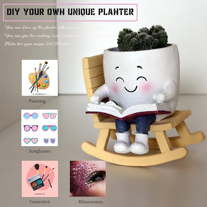 Cute Head Planters Face Pots, Adorable Human Face Planter Reading Books Flower Vase for Indoor Outdoor Plants, Unique Plant Holder Succulent Cactus Pots