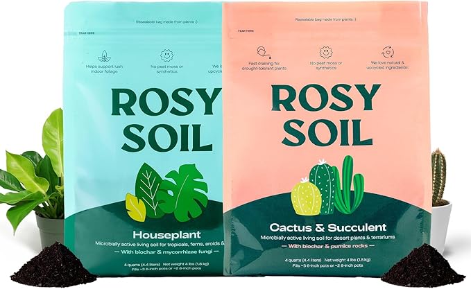 Rosy Soil Cactus & Succulent Potting Mix + Indoor Potting Soil - Peat Free House Plant Soil - Mix for Indoor Plants (4 Quarts Each)