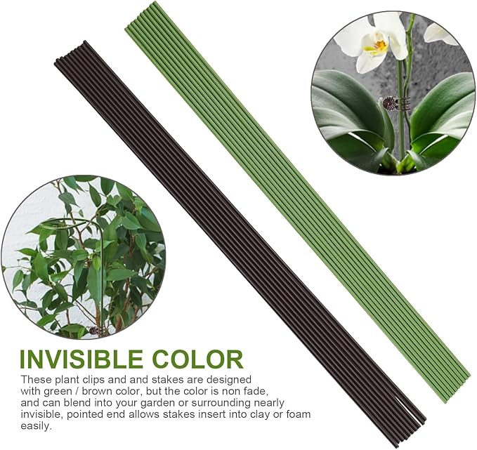 20Pcs Plant Support Stakes with 15 Pcs Plant Clips, Plant Sticks for Indoor and Outdoor Plants, Orchid Clips and Stakes,16inch Tall Bendable Single Stem Flower Stakes Bendable (20, Green-16inch)