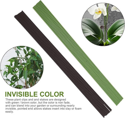 20Pcs Plant Support Stakes with 15 Pcs Plant Clips, Plant Sticks for Indoor and Outdoor Plants, Orchid Clips and Stakes,16inch Tall Bendable Single Stem Flower Stakes Bendable (20, Brown-16inch)