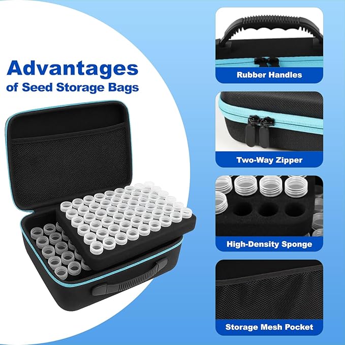 Seed Storage Organizer Box with 120 Slots and Plastic Bottles, Garden Seed Saver Kit with Envelopes, Labels, Funnel & Tweezers, Airtight Seed Storage Case for Flowers, Vegetables, Herbs & Plants