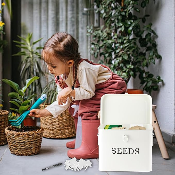 3 Dividers Seed Storage Box, Metal Seed Box Seed Storage Organizer with Safety Lock, Portable Garden Seed Bin, Professional All-in-one Kit, White