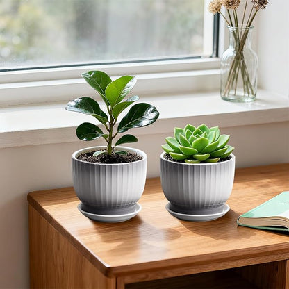 Ceramic Plant Pots,5.5 Inch,Set of 4,Planters with Drainage Hole and Saucer,Flower pots for Indoor Plants,Modern Design(Gray+White)