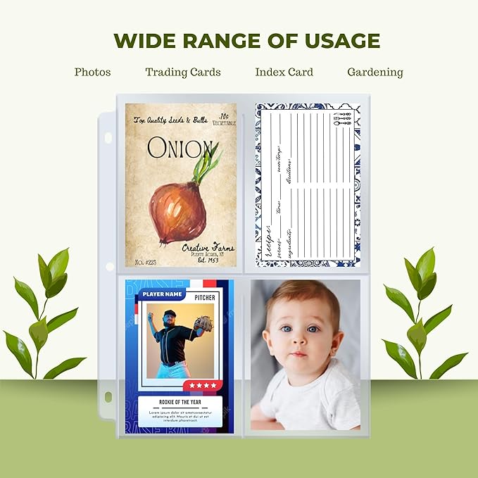 Performore 200 Pockets Seed Storage Organizer Sleeves (3.5" x 5.25") – top Loading 4 Pocket Garden Seed Organizer Fits Standard 3-Ring Binders – for Seed Packets, Coupons, Photos, and Cards – 25 Pack