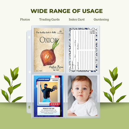 Performore 200 Pockets Seed Storage Organizer Sleeves (3.5" x 5.25") – top Loading 4 Pocket Garden Seed Organizer Fits Standard 3-Ring Binders – for Seed Packets, Coupons, Photos, and Cards – 25 Pack