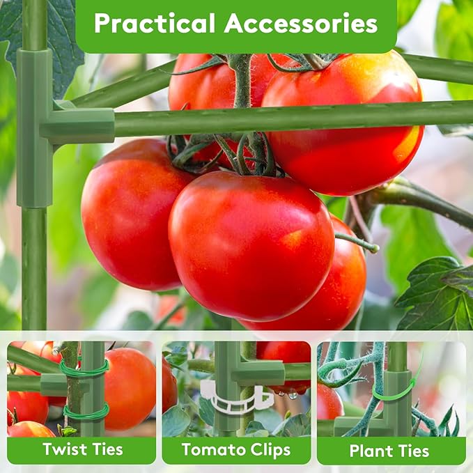 3 Pack Tomato Cage with 10 Gallon Grow Bags, 48" Height Adjustable Tomato Trellis with 65Ft Twist Tie, Heavy Duty Tomato Cages for Garden Flowers Vegetables Climbing Plants