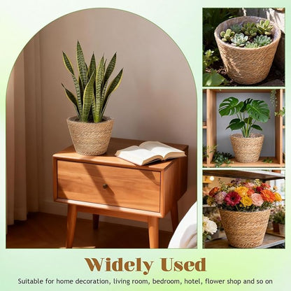 Healifty Straw Woven Plant Basket 2PCS Rattan Flower Basket Indoor with Plastic Liner Natural Stylish for Rustic Boho Home Farmhouse Floor Potted Pots Decor