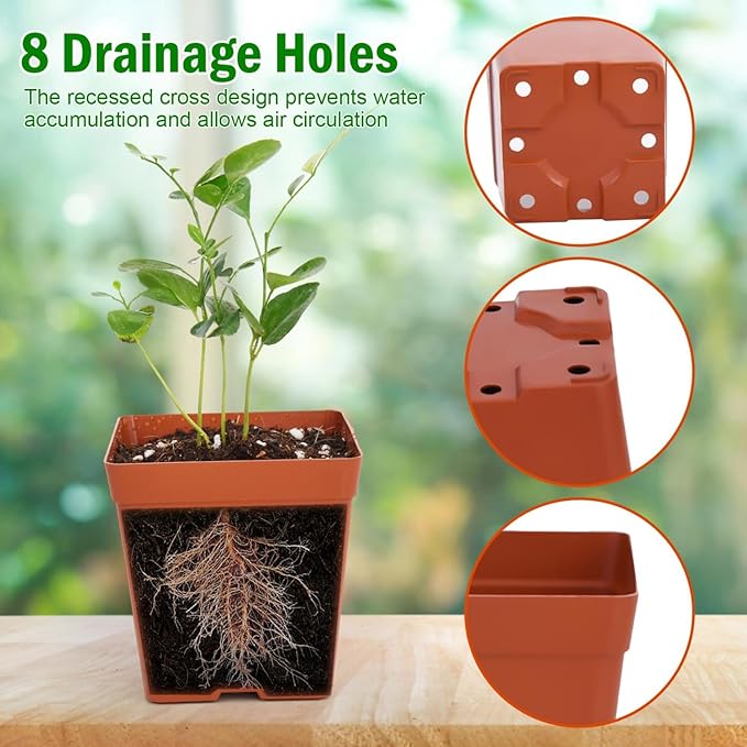 June Fox 100 Pack Green Red Square Nursery Pots with Drainage Holes 3.3 Inches Flexible Plastic Seedling Pots Square Pots for Plants, Succulent, Flower, with Plant Labels
