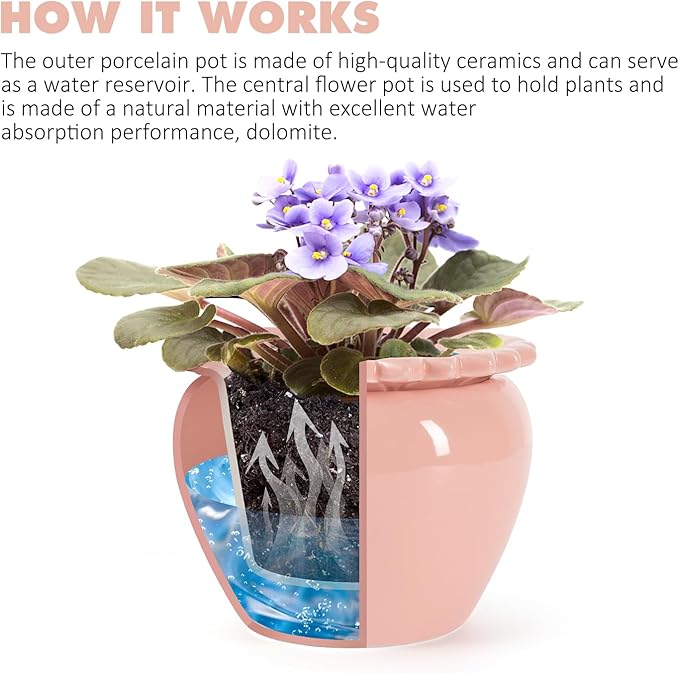 Self Watering Plant Pot 6 Inch African Violet Pots Ceramic Self-Watering Planter for Indoor Plants for Indoor Plants for Plant Enthusiasts Pink High Absorption Herbaceous Flower Pots