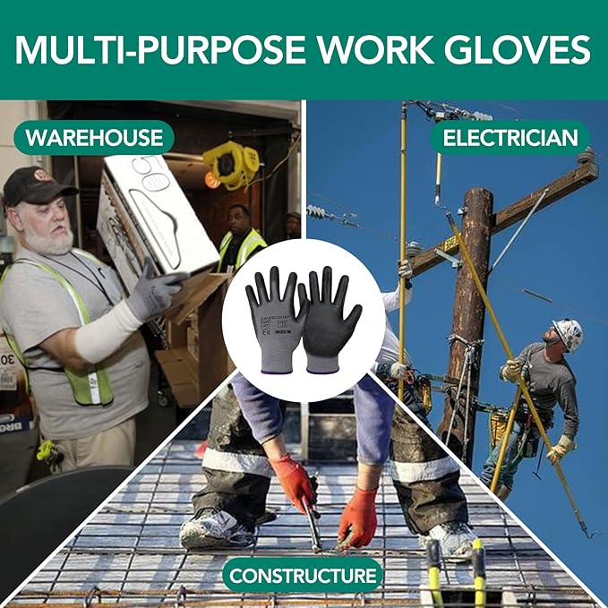 Work Gloves-PU Coated,12 Pairs,Thin Garden Gloves for Men Women,Ideal for Light Duty Work
