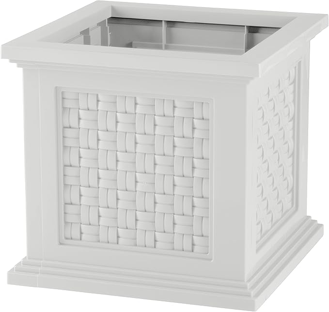 Rattan Style Outdoor Planter Box - 14.65-Inch-Square Decorative Flower or Plant Pot - Garden, Patio and Front Porch Decor by Pure Garden (White)