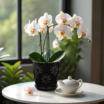 Oairse 6 inch Orchid Pots with Holes, Black Ceramic Orchid Pot for Repotting Small Indoor Plant Pots with Drainage Holes and Saucers Decorative Flower Planter for Orchids, Indoor Plant
