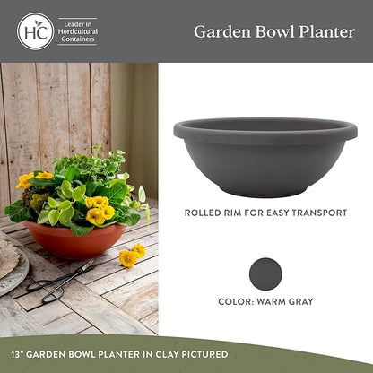 The HC Companies 15.5 Inch Shallow Garden Bowl Plant Pot with Drainage, Lightweight UV-Resistant Plastic Planters for Succulents, Herbs & More, 2-Pack Planters for Indoor Outdoor Home Decor, Warm Gray