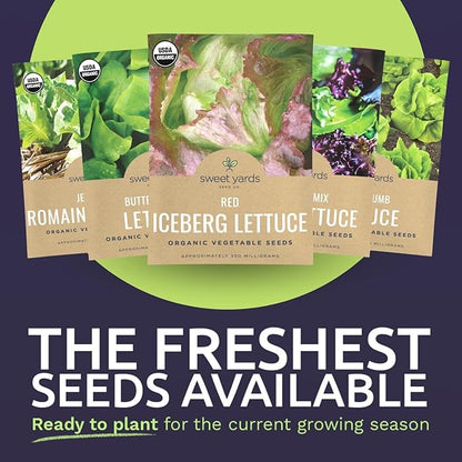 Organic Lettuce & Greens Seeds Variety Pack - 5 Individual Packs - 2026 Season - Buttercrunch, Gourmet Mix, Romaine, Tom Thumb & Iceberg. for Indoor & Outdoor Planting (Non-GMO, Certified Organic)