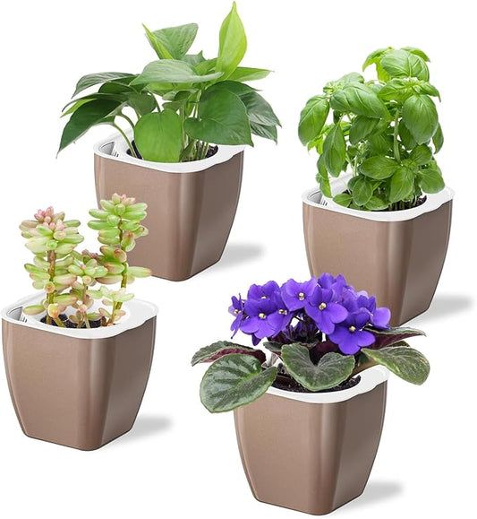 4 Pack Self Watering Pots 4-inch Decorative Flower Planters for Indoor Plants Modern Square planters for Small Plants Window Sill Planters for Succulents, African Violets, Herbs(Sliver Gold)
