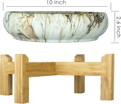 ARTKETTY Succulent Pot, Large Succulent Planters with Stand, 10 Inch Ceramic Bonsai Pots with Drainage Round Marble Cactus Flower Plant Bowl for Indoor/Outdoor