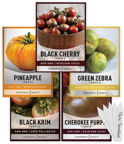 Gardeners Basics, 5 Rare Tomato Seeds for Planting Variety Pack Heirloom Tomato Seeds, Cherokee Purple, Black Krim, Pineapple, Green Zebra, Black Cherry, Determinate and Indeterminate & More, Non GMO