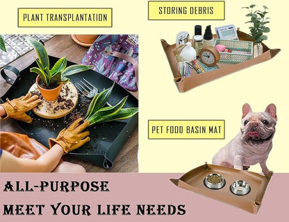 Thickened Leather Plant Repotting Mat, Indoor and Outdoor Potting Mat, 30" x 18" Foldable Tray with Mess Control (Dark Green)