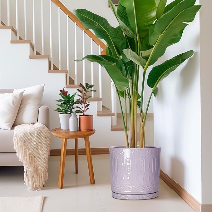 Ceramic Plant Pots, 12 Inch Pots for Plants Indoor Outdoor, Round Planter with Drainage Hole and Tray, Modern Decorative Flower Pot, Home Apartment Decor, House Warming Gifts, Purple