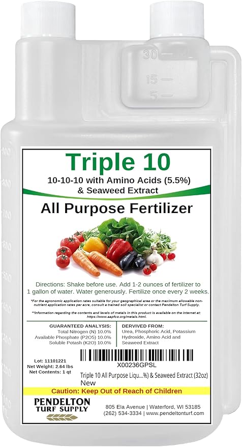 Triple 10 All Purpose Liquid Fertilizer 10-10-10 with Amino Acids (5.5%) & Seaweed Extract (32oz)