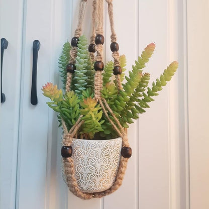 Macrame Plant Hanger 35", No Tassel Hanging Plant Holder, Sturdy Flower Pot Holder with 2 Hooks - Brown
