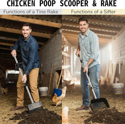 Chicken Poop Scooper & Rake 2-in-1, Adjustable Steel Handle Chicken Poop Shovel (24"-63.7"). Chicken Coop Scoop for Chicken Coop and Pet Poop Cleaning with Ergonomic Grip-Honeycomb