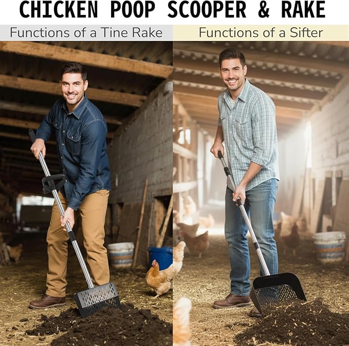 Chicken Poop Scooper & Rake 2-in-1, Adjustable Steel Handle Chicken Poop Shovel (24"-63.7"). Chicken Coop Scoop for Chicken Coop and Pet Poop Cleaning with Ergonomic Grip-Long Slot