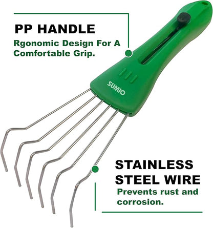 SUMIO Adjustable Hand Rake – 6-Tine Wire Broom, 4-Position Rake Head, Rust-Resistant for Tight Spaces, Debris Cleanup (Green)