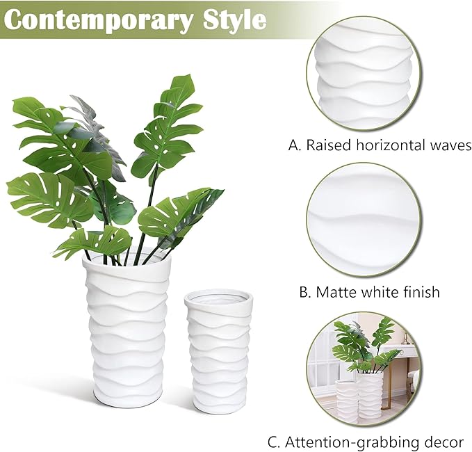 LuxenHome Tall Planters for Outdoor Plants, Set of 2 Indoor Outdoor Garden Plant Pots with Drainage Hole and Rubber Plug, Modern White Waves Flower Pot Concrete Planters for Home Garden Patio Porch