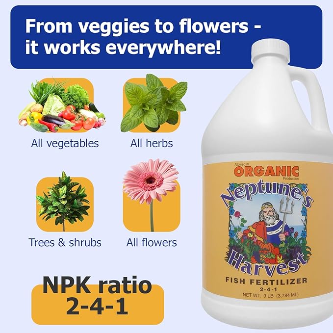 Neptune's Harvest Fish Fertilizer (2-4-1) - 1 Gallon Bottle - Organic Liquid Plant Fertilizer - Fish Hydrolysate for Vegetables, Flowers, Fruit, Trees, Grass - Indoor and Outdoor Plant Food