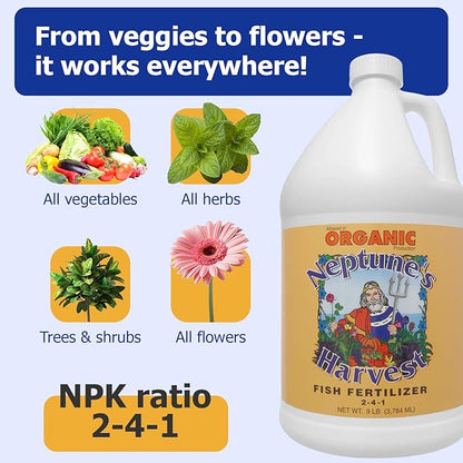 Neptune's Harvest Fish Fertilizer (2-4-1) - 1 Gallon Bottle - Organic Liquid Plant Fertilizer - Fish Hydrolysate for Vegetables, Flowers, Fruit, Trees, Grass - Indoor and Outdoor Plant Food
