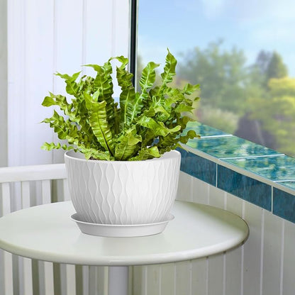 Plant Pots 12/10/9 Inch Pots, Set of 3 Plastic Planters with Drainage Holes and Saucers,Plastic Flower Pots,Nursery Planting Pot for Indoor Out Door Plants（White）
