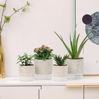 Self Watering Pots for Indoor Plants, 5 & 4 Inch Stylish Flower Pots, Set of 4 Modern Planters with Self-Watering Feature (Mixed Colors)