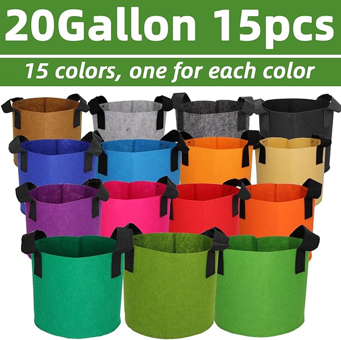 Grow Bags,Growing Pot Bags Garden Grow Bag Indoor Outdoor Fabric Aeration Plant Pot Container Flower Vegetable Pouch (Mixed 15colors,20Gallon)