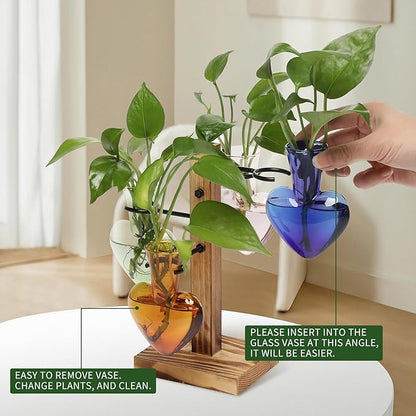 Plant Terrarium Propagation Stations with Wooden Stand, Glass Vase for Indoor Hydroponics Home Garden Office Decoration Gift for Women - 4 Love Bulb Vase