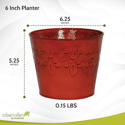 Robert Allen MPT01889 Fluer De Lis Series Metal Planter Flower Pot, 6", Color Cayenne Red