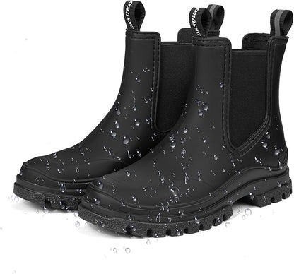 DKSUKO Rain Boots Women Waterproof Chelsea Boots Ankle Garden Shoes for Ladies Rubber Short Rainboots with Removable Comfort Insole for Outdoor Work Deck Mud Boots