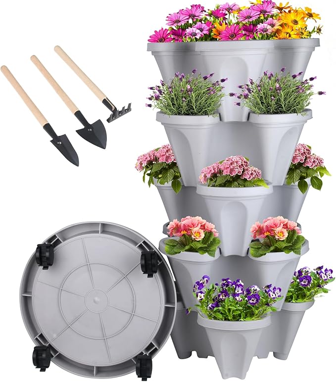 DUNCHATY Stackable Vertical Garden Planter with Wheels and Tools, Self-Watering Indoor/Outdoor 5-Tier Herb Planter for Growing Vegetables and Succulents, Gray