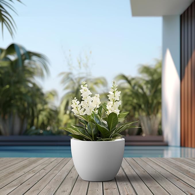 Kante 14.2 Inch Round Concrete Planter - Classic Large Indoor/Outdoor Plant Pot with Drainage Hole and Rubber Plug, Suitable for Gardens and Patios, White